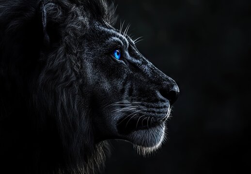 A side profile of a majestic black lion with a thick mane, featuring a striking, glowing blue eye against a dark, moody background