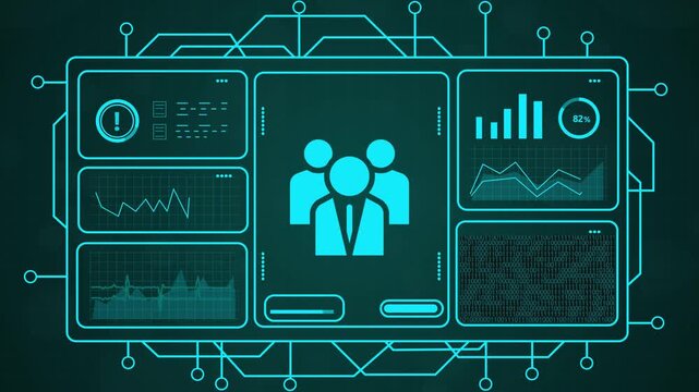 4k motion graphic of digital human resources interface with glowing blue tech icons and data charts