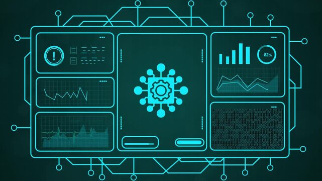4k futuristic technology dashboard with glowing blue data analytics and digital gear animation