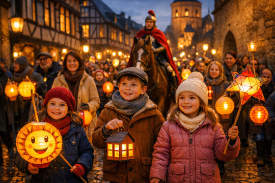 Kinder und Erwachsene beim stimmungsvollen Laternenumzug in historischer Altstadt, warme Lichter, Herbstabend, Tradition und Gemeinschaft.