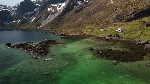 Aerial images of Vindstad in Lofoten, Norway, drone footage, 4k 30fps
