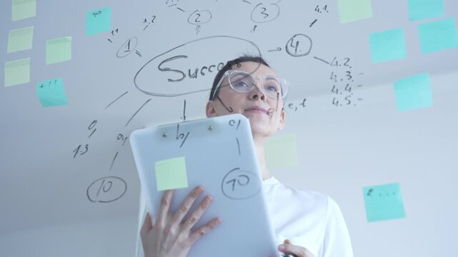 Businesswoman tracking progress on digital tablet, analyzing a visualized success strategy with numbers and connected ideas drawn on a glass board with sticky notes