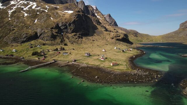 Aerial images of Vindstad in Lofoten, Norway, drone footage, 4k 30fps