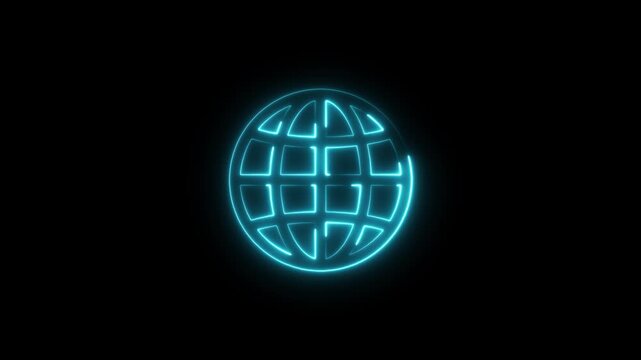 Neon www earth globe icons .com, internet symbol for your logo, glowing animation black background