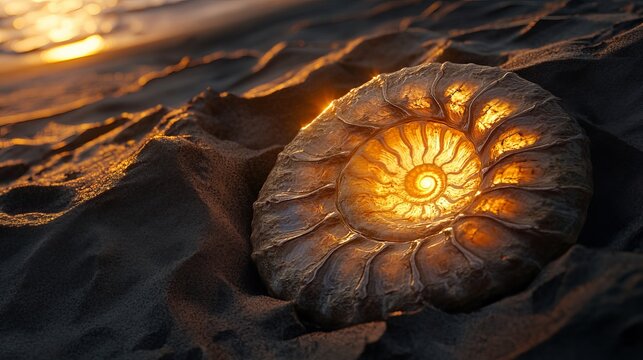 A fossilized ammonite shell glows warmly in the sand at sunset