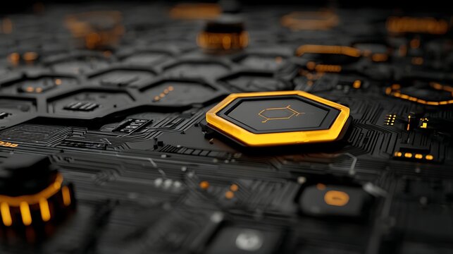 Futuristic circuit board with hexagonal glowing yellow chips and intricate black data pathways
