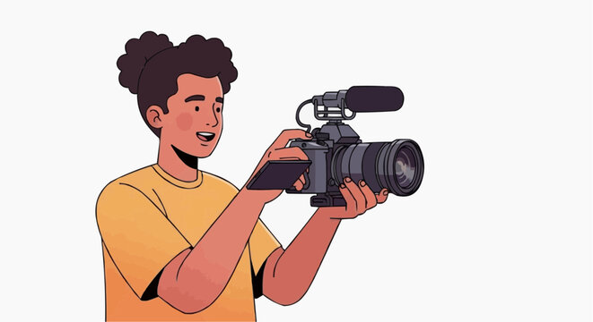 A young man holding a video camera and recording a scene with a smile on his face. in white background.
