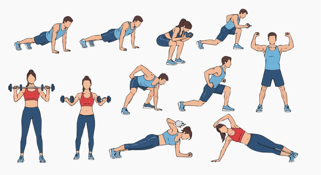 A colorful vector graphic illustration of people performing various fitness exercises with dumbbells and bodyweight in white background.