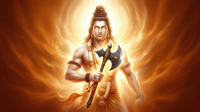 Lord Parashurama with Golden Aura on Dark Background, Hindu Mythology Illustration