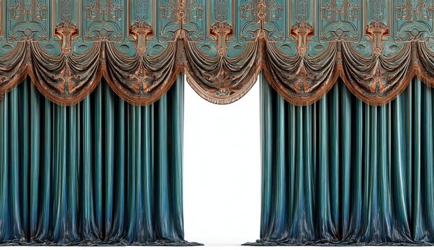 Ornate teal and copper drapes with fringed pelmet curtains