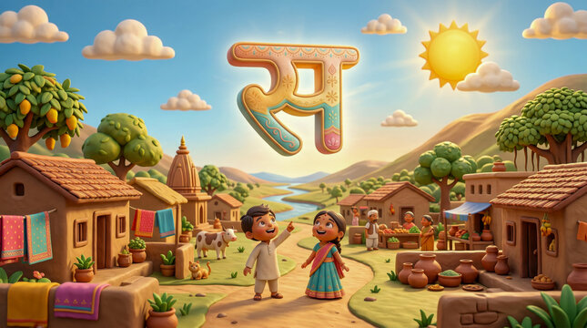 Bright and cheerful Hindi alphabet scene with letter स in a rural village. Perfect for cultural learning and storytelling for children.