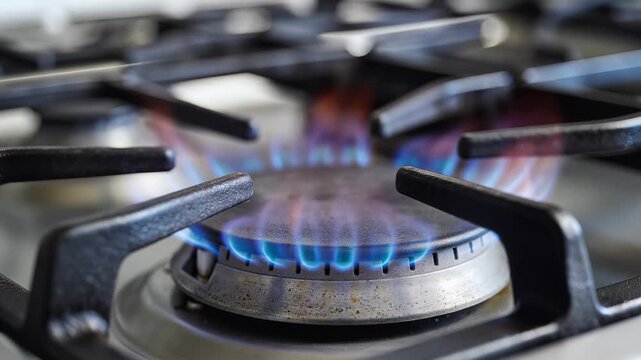 Closeup of a gas stove burner with blue flames igniting 1.