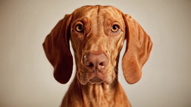 Closeup portrait of a Vizsla dog with expressive eyes and floppy ears.