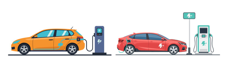 Obraz premium Two modern electric vehicles, one orange hatchback and one red sedan, charging at distinct power stations, illustrating sustainable transportation.
