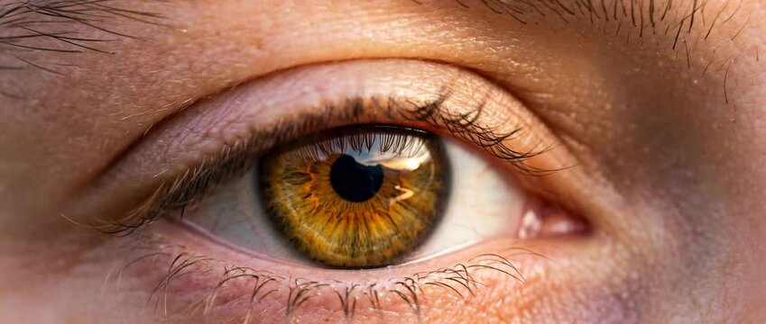 Close-up of a human eye with brown iris, detailed view