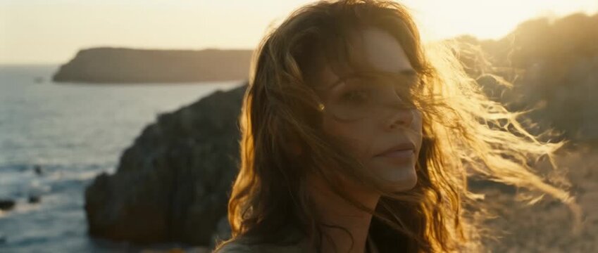 Slow motion windblown blonde hair woman at golden hour beach sunset 4k footage