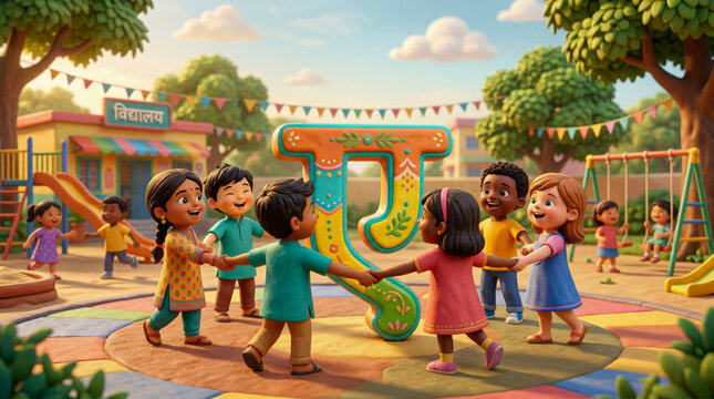 Fun Hindi alphabet illustration featuring letter ग with children playing together. Represents joy, learning, and social interaction.