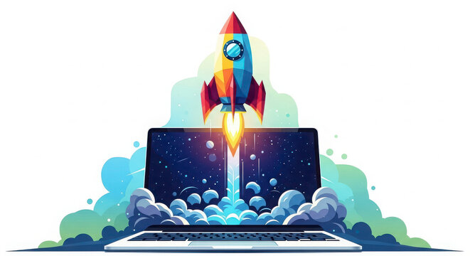 3d rocket launching from laptop screen