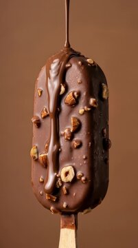 Slow motion chocolate-dipped ice cream bar dripping with nuts close-up footage