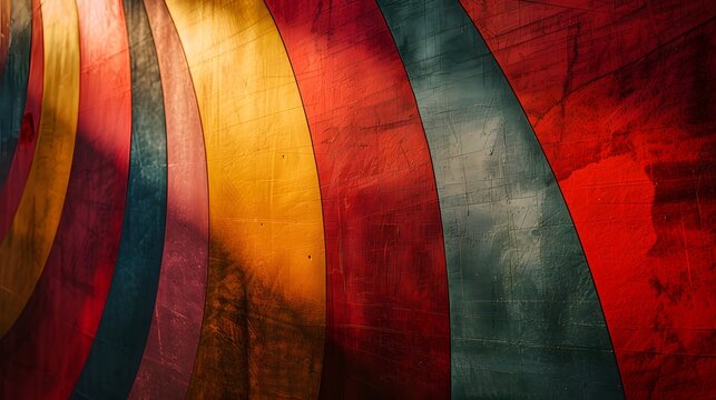 Vibrant, distressed abstract pattern featuring bold, curved stripes in red, gold, and dark teal, creating a dynamic and textured design.