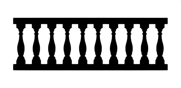 &ldquo;Ornamental balustrade railing silhouette, black solid shape, symmetrical pillars and spindles, minimal detail, white background, clipart style&rdquo;