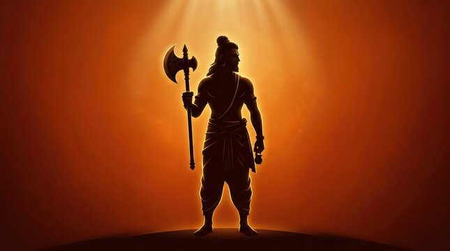 Parashurama Silhouette with Golden Aura, Hindu Warrior Sage Illustration on Saffron Background