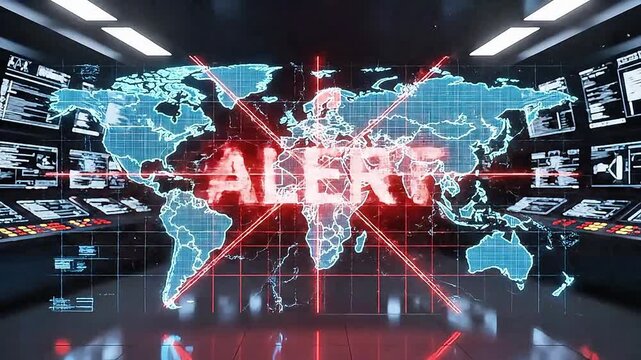 Global energy market crash breaking news simulation, flickering headlines, animated interference and signal distortion, red and black news graphics, high-detail animation