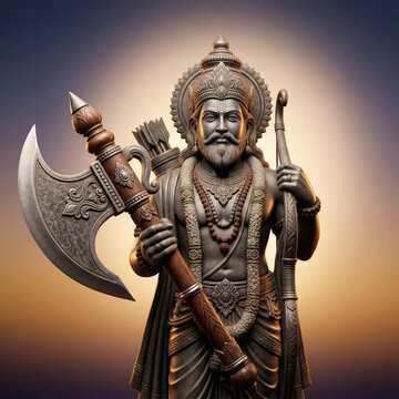 Lord Parashurama Portrait with Axe, Golden Aura, Hindu Deity Spiritual Illustration