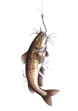 Catfish fishing hook caught splash; watercolor river struggle.