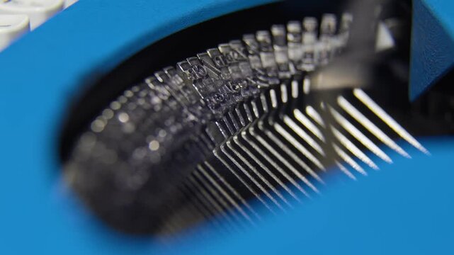 Close-up of typewriter typebars moving with a shallow depth of field, focusing on the metal letters and mechanical action.