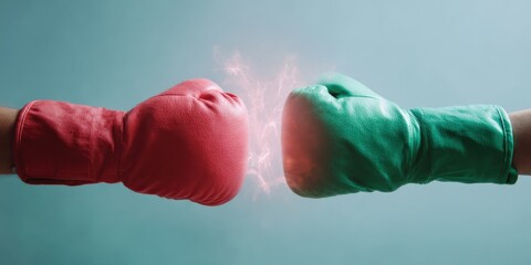 Obraz premium Red boxing glove green clash with electric impact between female adult caucasian and male adult caucasian dramatic fight concept