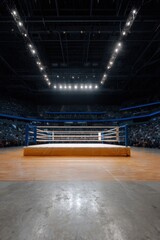 Boxing ring on wooden floor with blue ropes and bright overhead lights, arena seating surrounding the elevated canvas stage ready for a fight night event