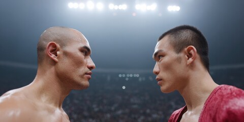 Adult male caucasian boxer and adult male asian boxer stare down in ring under bright arena lights before fight