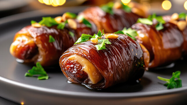 Stuffed dates featuring a creamy nut butter filling and chopped peanuts, creating a luxurious no bake dessert or healthy snack, presented on a dark plate with soft background lights