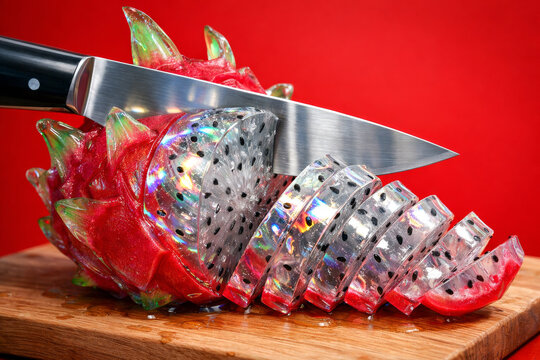 Drachenfrucht wird geschnitten, innen glasartig transparent mit schillernden Reflexen und schwarzen Kernen, auf Holzbrett vor rotem Hintergrund.