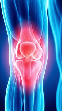 Human knee joint with inflammation shown as a red glowing area, suitable for medical content, health article, scientific presentation, patient education, therapy advertisement.
