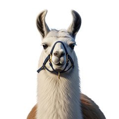 Naklejka premium Cute Llama Wearing a Blue Halter, Portrait of a Farm Animal