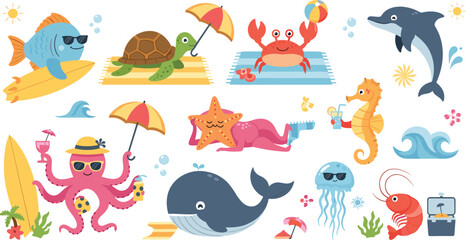 Fototapeta premium Fun Beach and Ocean Animals with Summer Activities like Surfing, Relaxing, and Playing with Umbrellas and Drinks