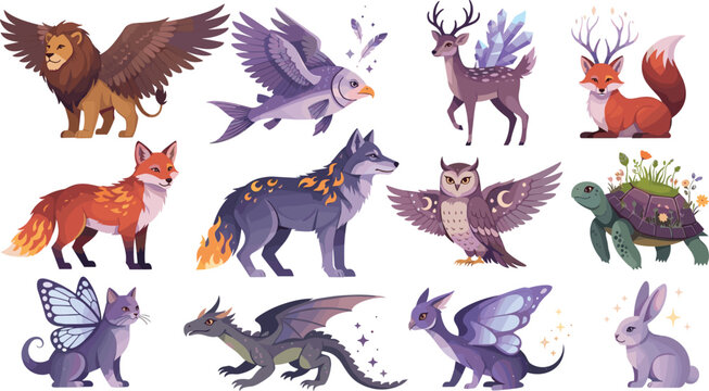 Fantasy Magical Animals Collection Featuring Lions, Foxes, Wolves, and Mythical Creatures in Enchanted Forest Style
