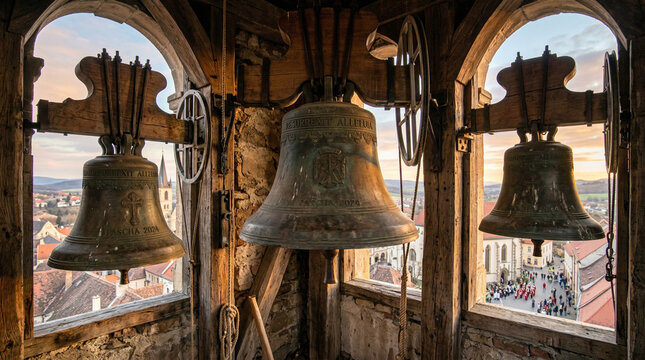 Church bells ringing in historic tower with city view at sunset  