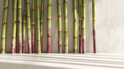 Obraz premium Closeup bamboo stalks against a textured wall with dramatic sunlight stripes for interior decor background and eco design