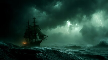 Obraz premium Old sailing ship struggles against tempestuous ocean during thunderstorm