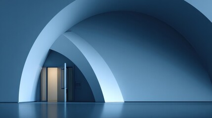 Fototapeta premium Minimal arched corridor with open door and warm interior light in blue space for background poster and architectural design