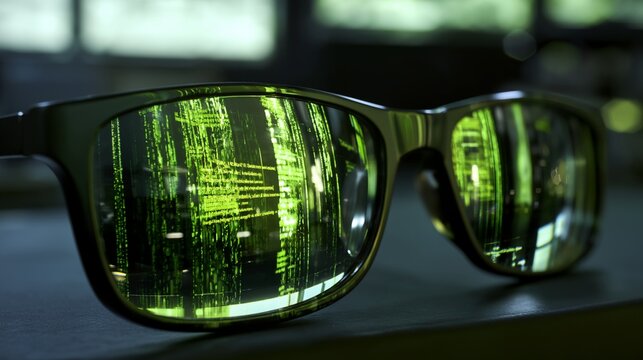 Framed eyeglasses reflect green cascading digital code