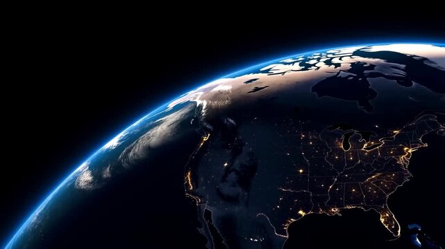Earth globe partial view with illuminated cities at night from space featuring planet, world, city with lights and curvature elements for blue,