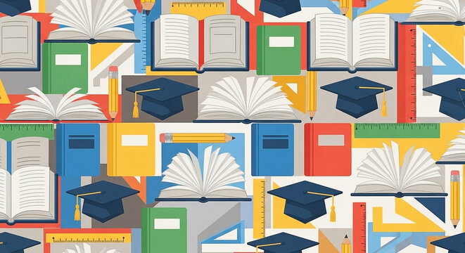 Vibrant flat design pattern of books, graduation caps, and stationery items