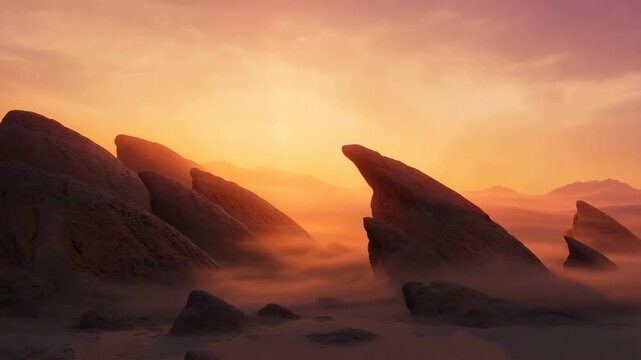 Yardang landscape with strange rock formations at sunset, surrounded by sand and fog featuring desert, geology, erosion with natural wonder and