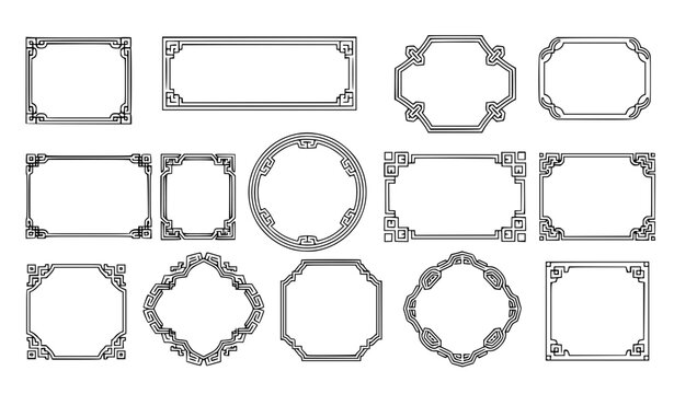 Chinese ornament frame black and white vector set with oriental line borders
