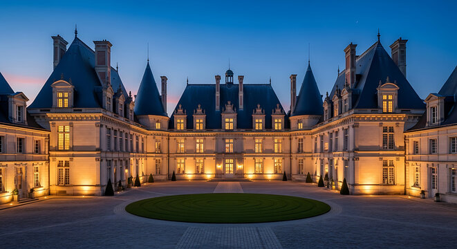 Majestic French chateau at dusk, illuminated by warm lights, showcasing elegant architecture and a pristine courtyard under a clear twilight sky.