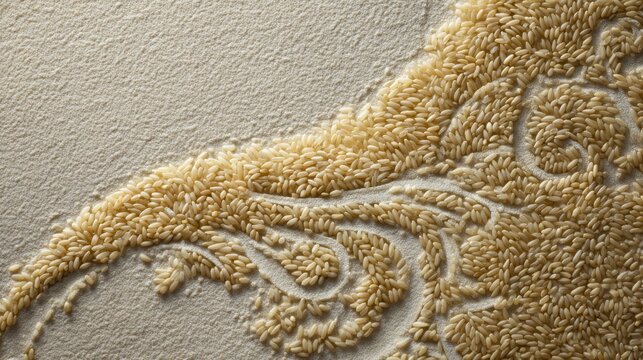 Short grain rice arranged on textured flour surface forming decorative pattern for culinary packaging and background design